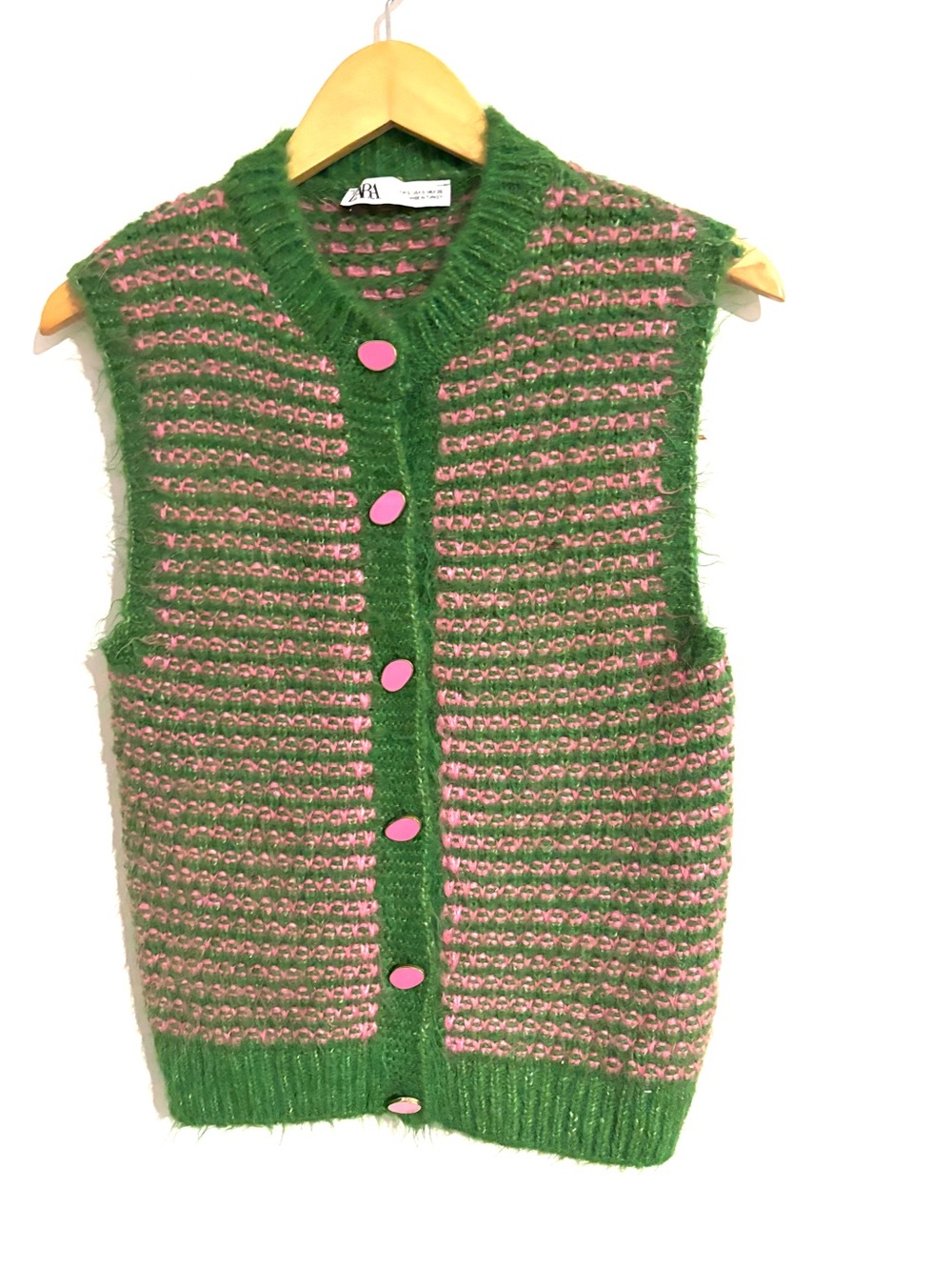 🌸 Gorgeous Zara Pink & Green Sleeveless Knit Button-Up Vest Sz Small